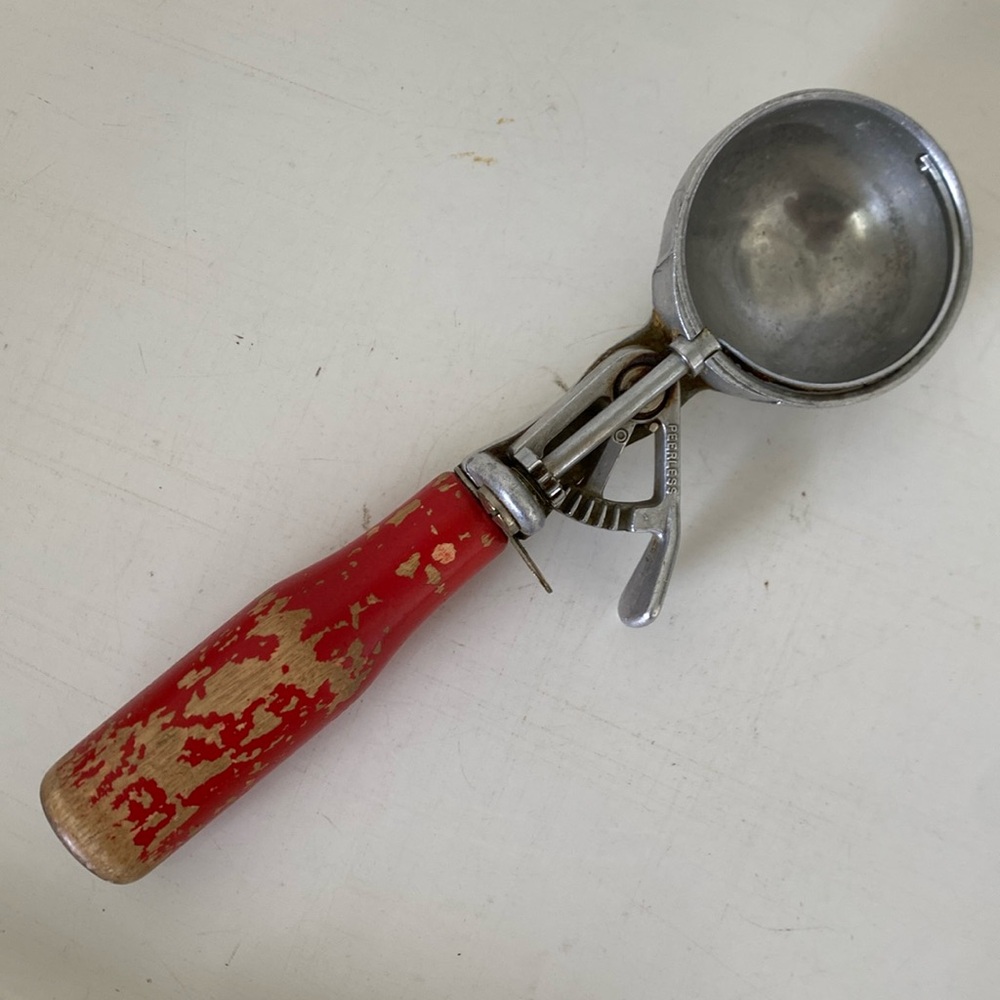 Vintage Peerless Ice Cream Scoop with Distressed Red Wood Handle